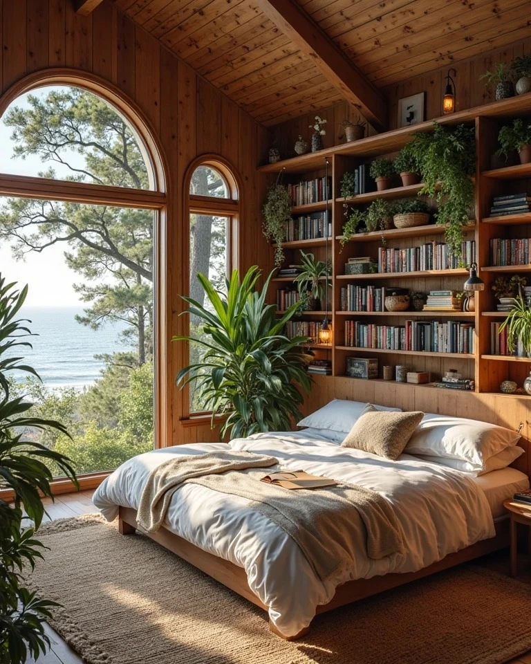 Boho Bedroom Ideas Bohemian Cozy: White bedroom with green doors and mountain view.