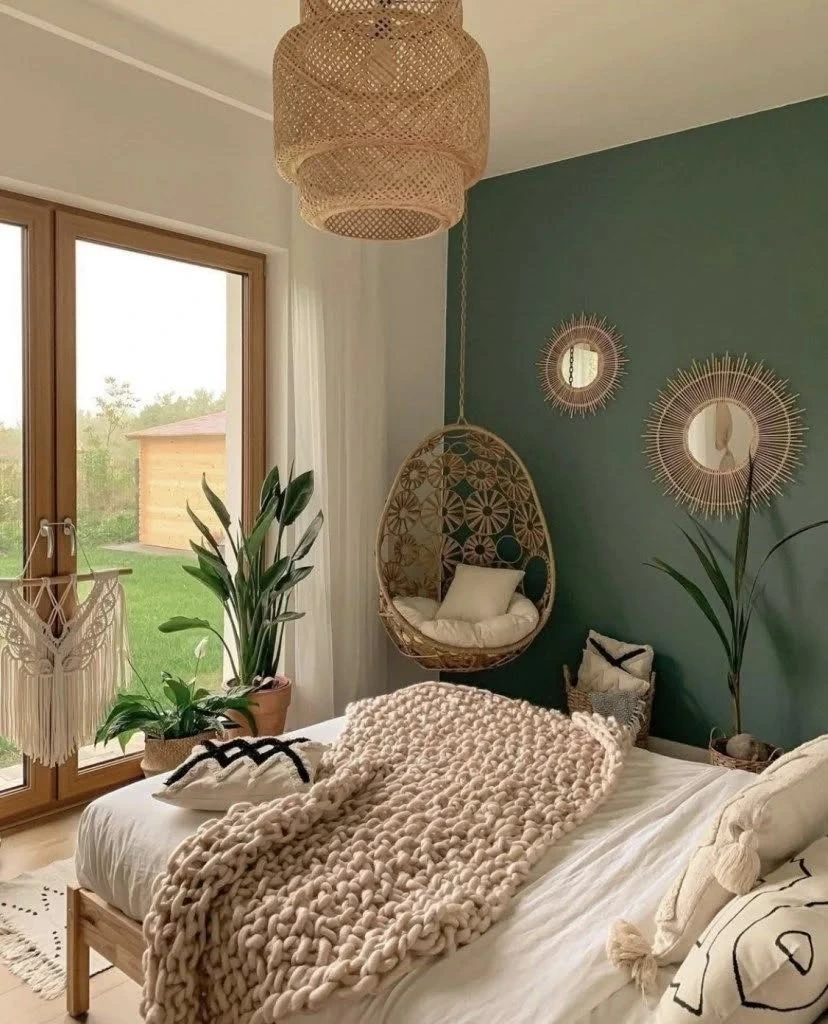 Boho Bedroom Ideas Bohemian Cozy: Bedroom with hanging egg chair and green wall.