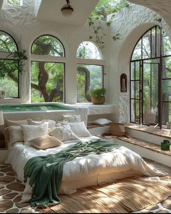 Boho Bedroom Ideas Bohemian Cozy: Bedroom with large arched windows and plants.