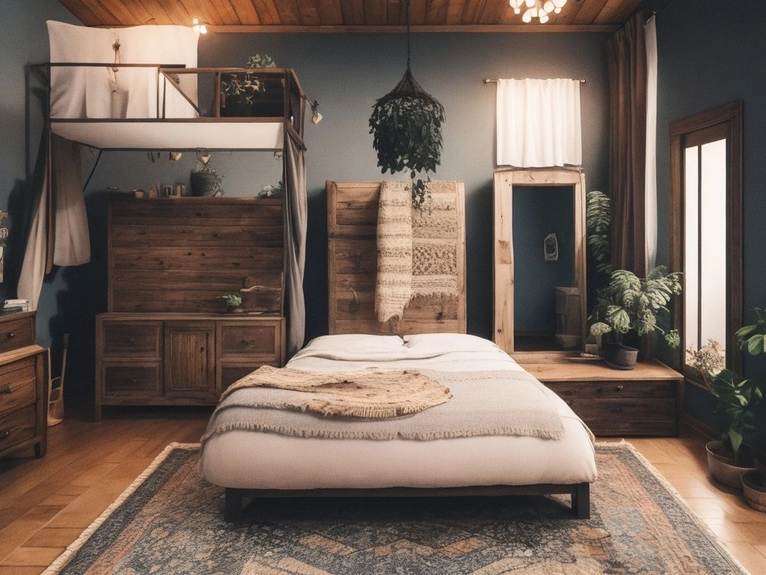 Boho Bedroom Ideas Bohemian Cozy: Bed on natural wood pallet base.