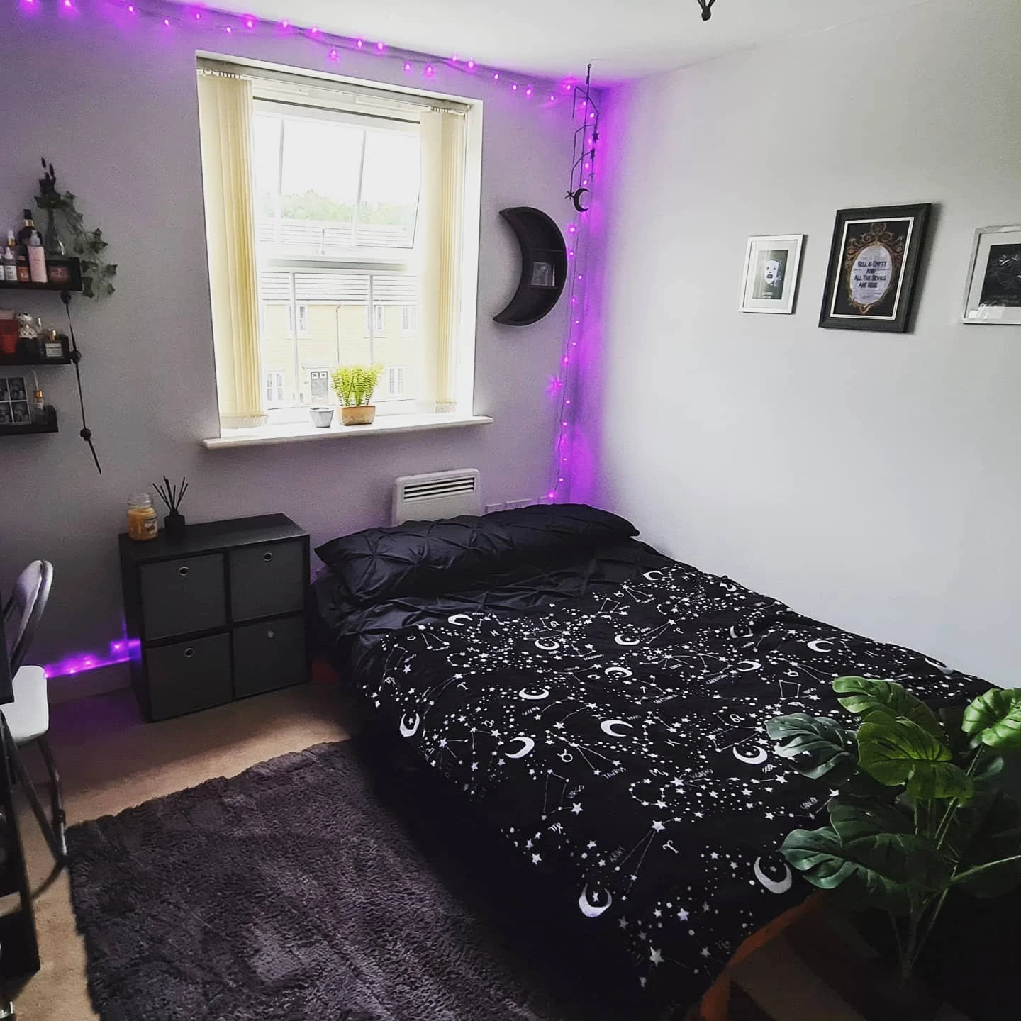Emo bedroom ideas teen girls purple string lights celestial.
