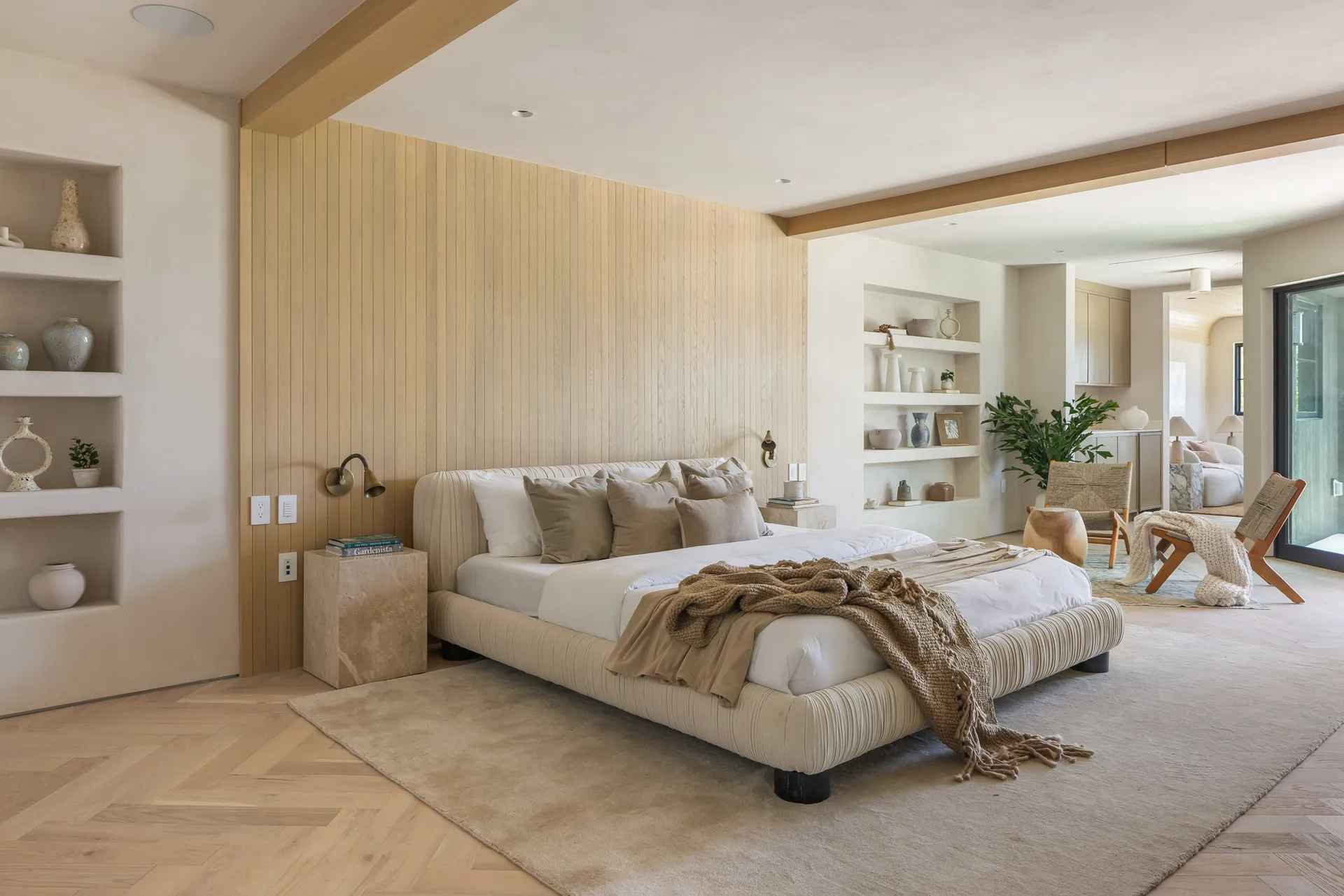 Light wood panel bedroom.