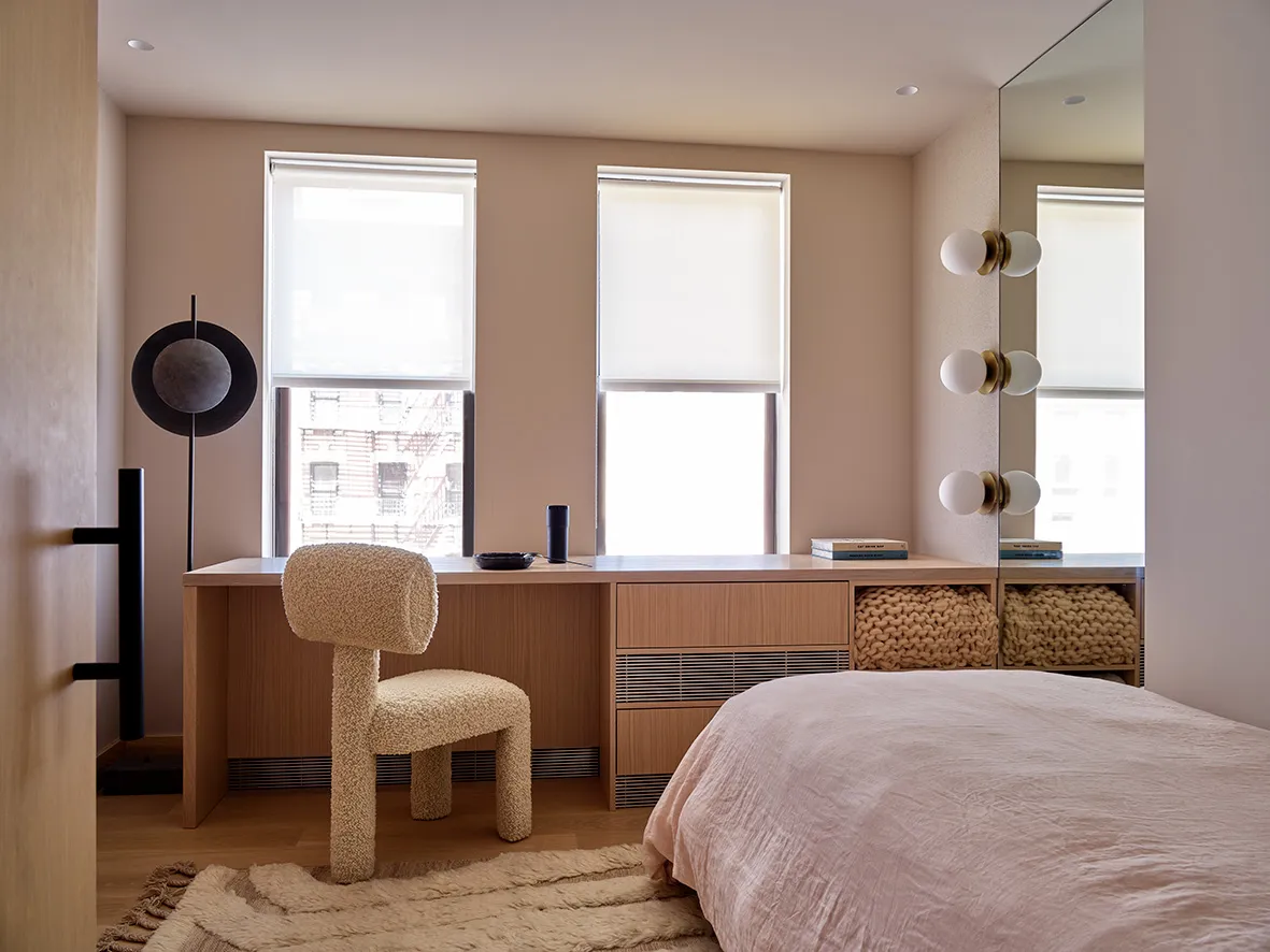 Woven light, earthy modern room.