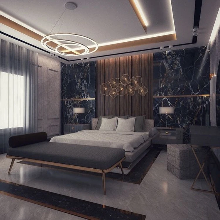 Modern Bedroom Ideas - Opulent Marble & Gold black wall