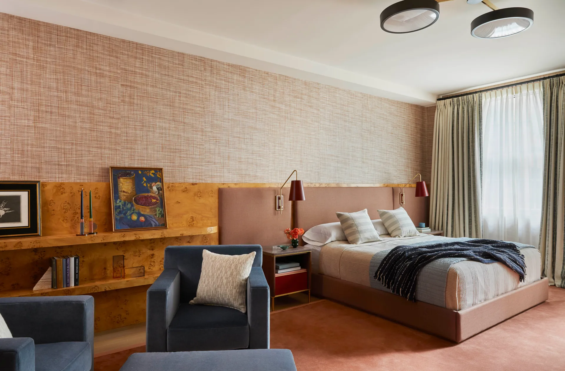 Textured wall, modern bed.