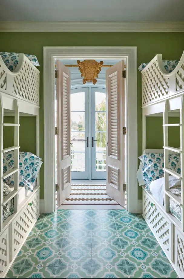 Sage green aesthetic small bedroom with wicker