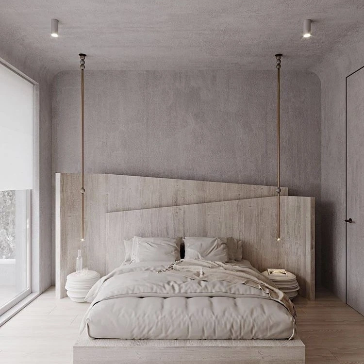 Simple Bedroom Ideas for Small Rooms Minimalist: Modern bedroom with concrete walls, hidden lights.
