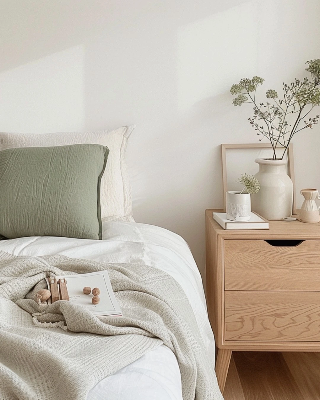 Simple Bedroom Ideas for Small Rooms Minimalist: Cozy bedside, green pillow, wood nightstand.