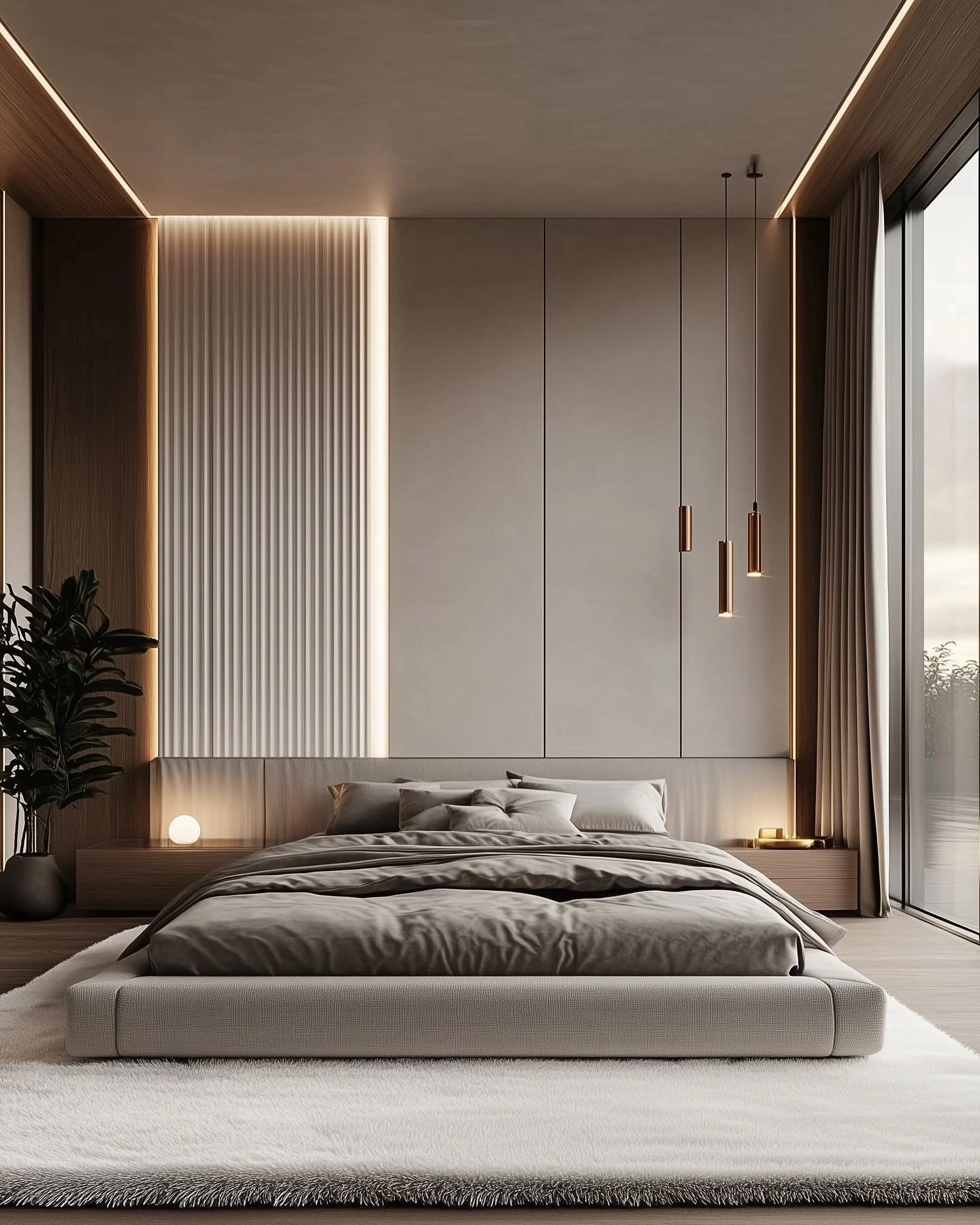 Simple Bedroom Ideas for Small Rooms Minimalist: Textured wall, angled headboard, modern lights.