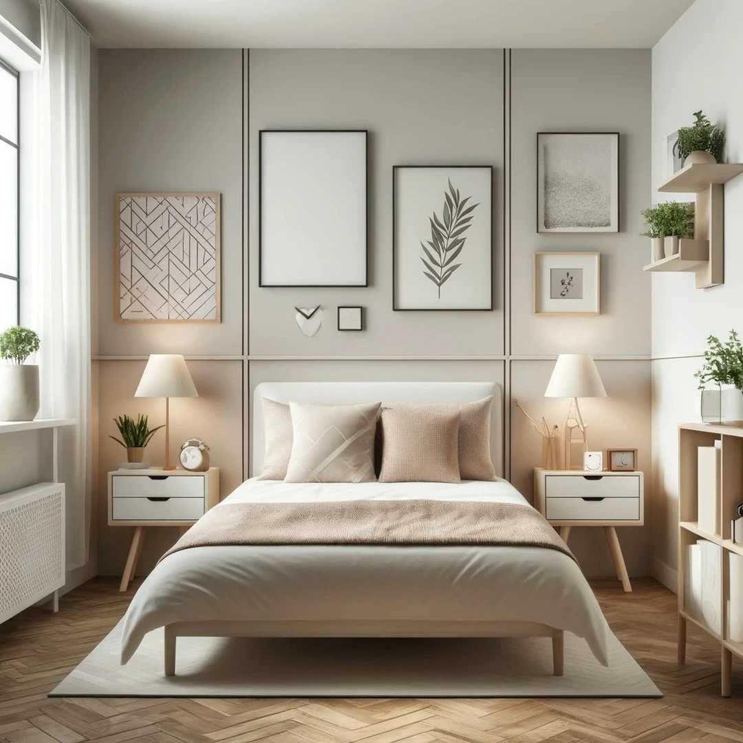 Simple Bedroom Ideas for Small Rooms Minimalist: Wood bed, woven lights, earthy colors.
