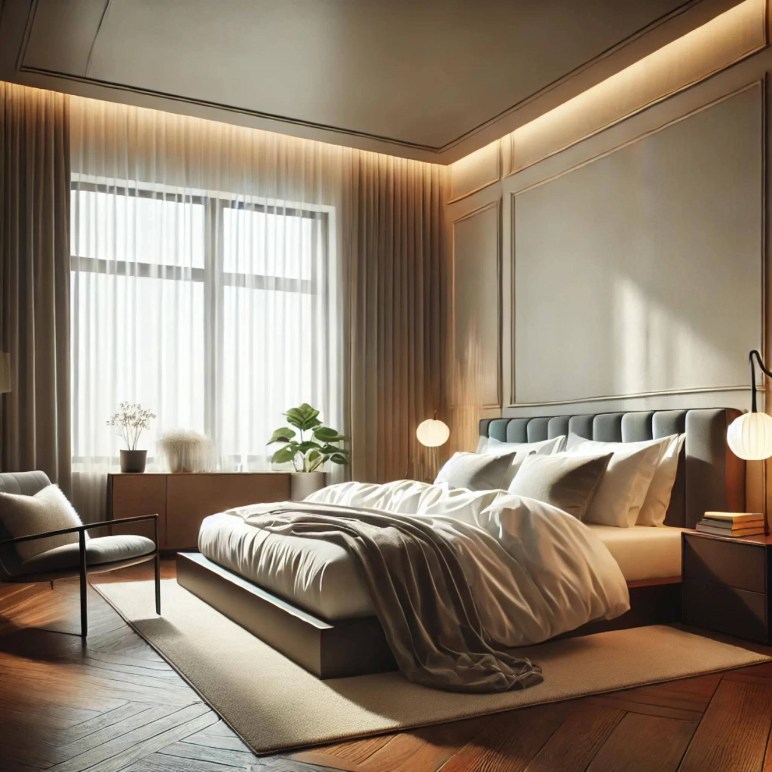 Simple Bedroom Ideas for Small Rooms Minimalist: Luxury bedroom, hidden ceiling lighting.
