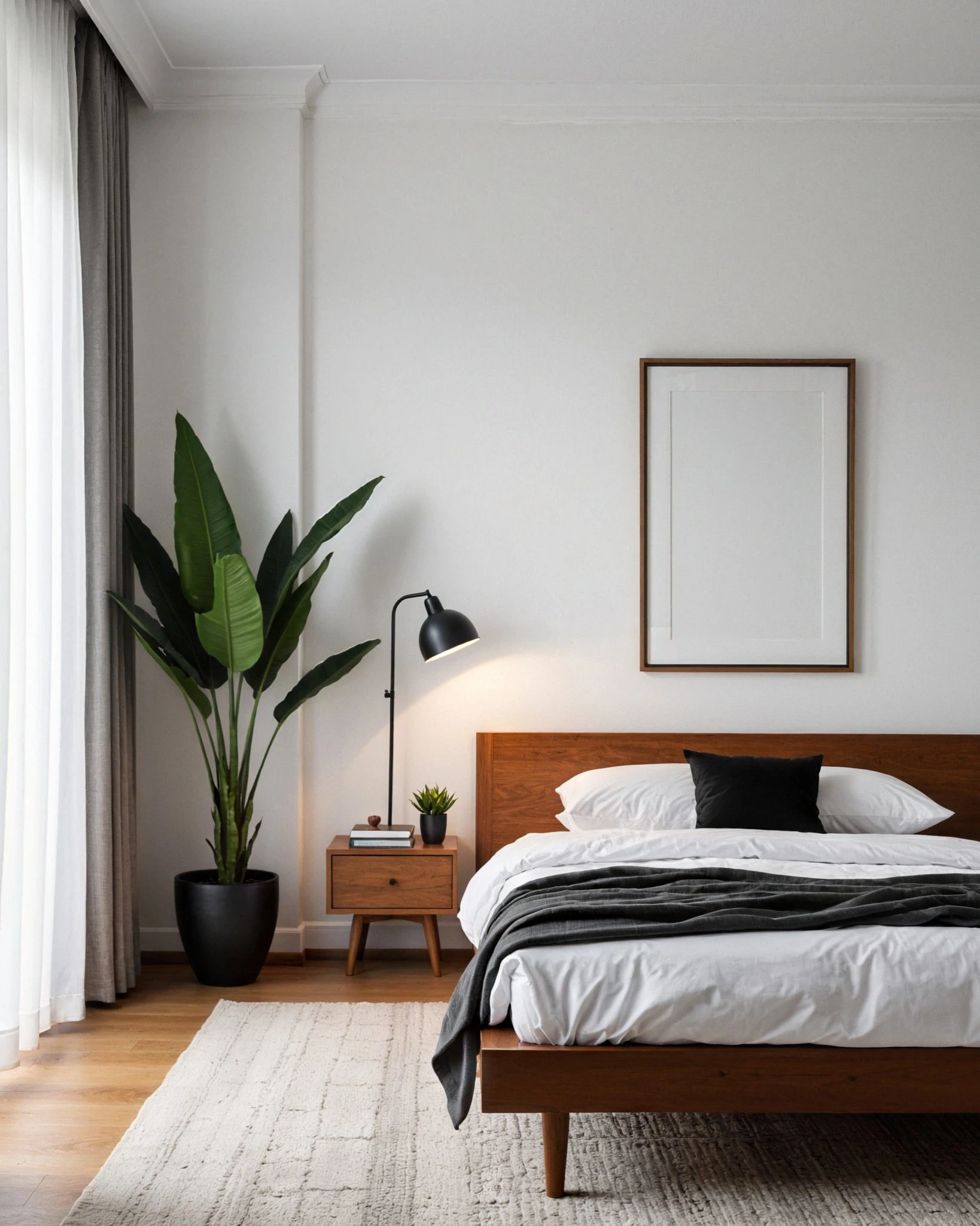 Simple Bedroom Ideas for Small Rooms Minimalist: Large plant, wood bed, simple decor.