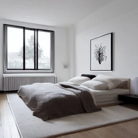 Simple Bedroom Ideas for Small Rooms Minimalist: Ultra-minimalist room, low bed, black window.