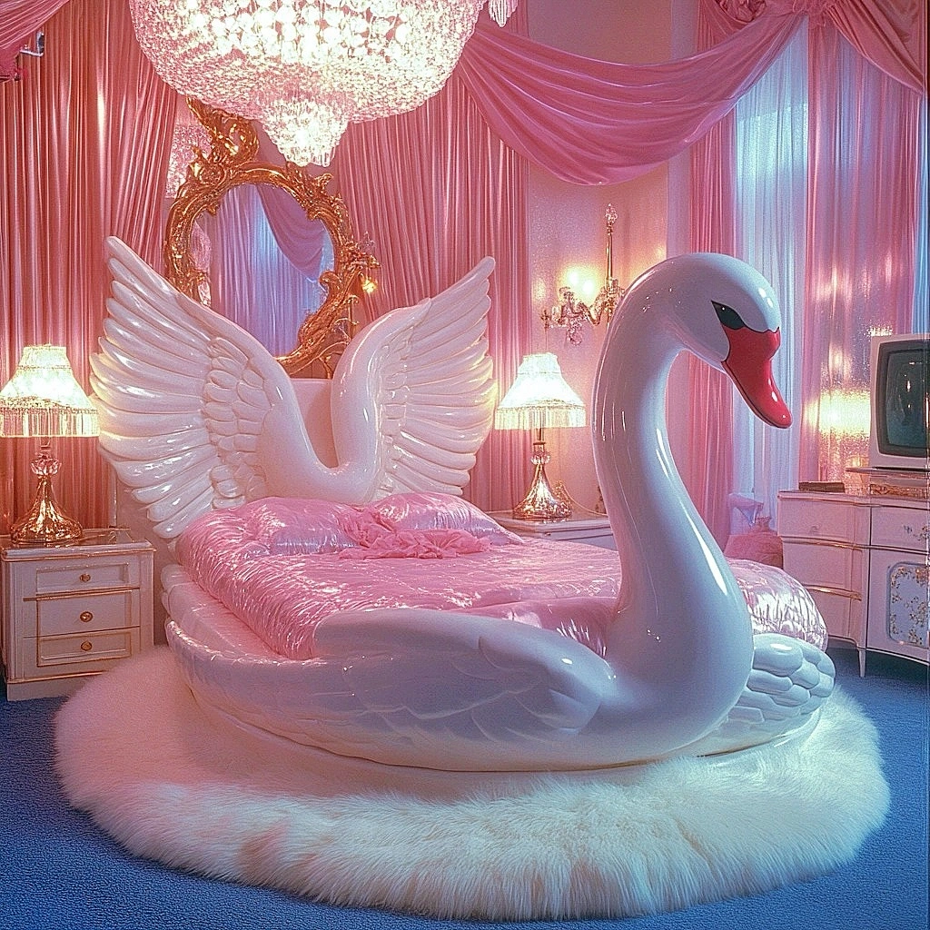 Y2K Bedroom Ideas for Teenage Girls: Pink swan-shaped bed with soft bedding.