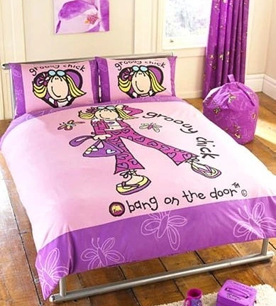 Y2K Bedroom Ideas for Teenage Girls: Groovy Chick themed bedding in purple and pink.  