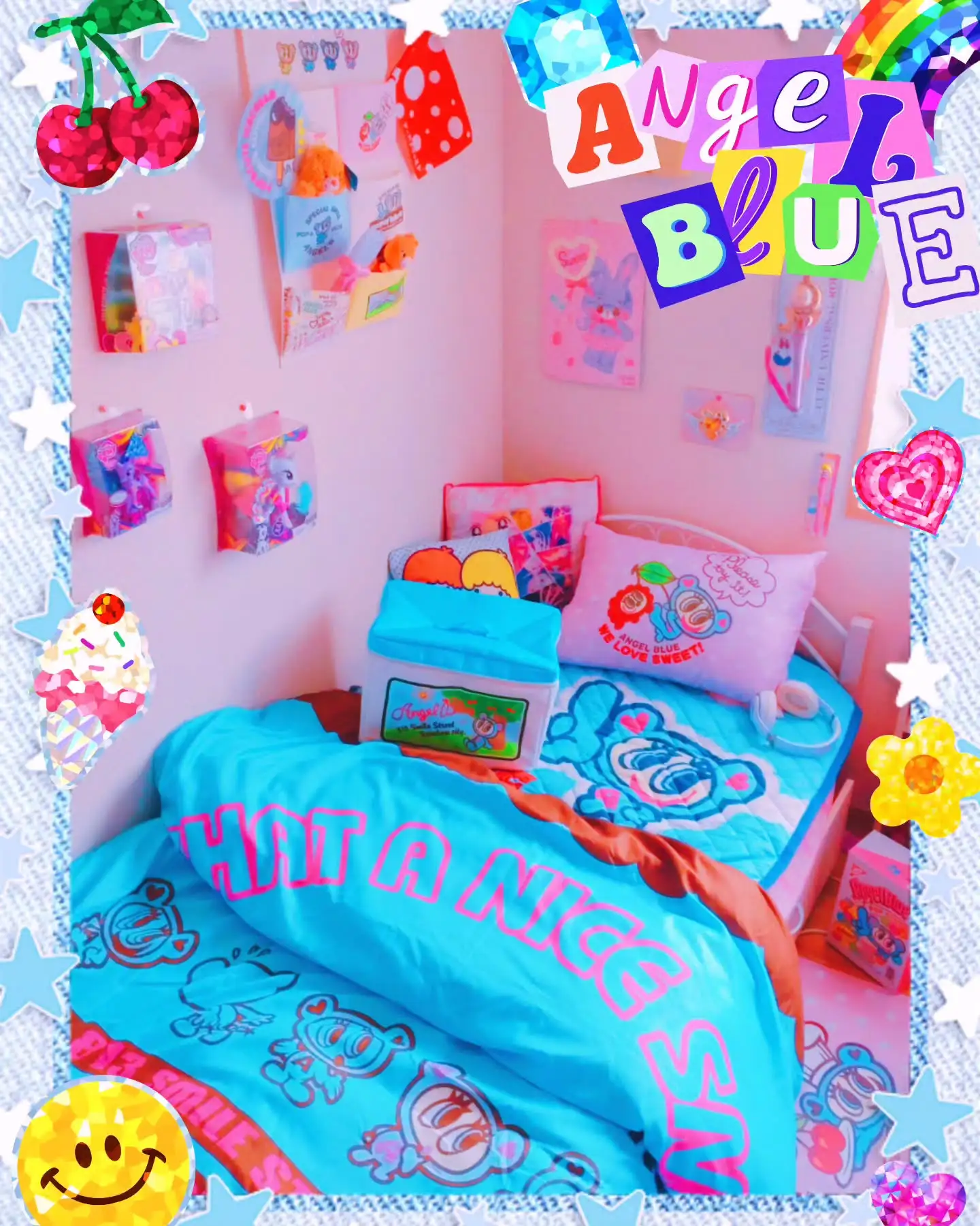 Y2K Bedroom Ideas for Teenage Girls: Angel Blue cartoon bed with cute wall art.