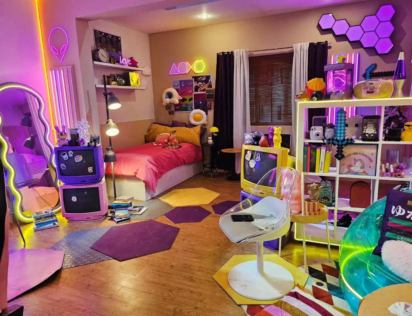 Y2K Bedroom Ideas for Teenage Girls: Gaming setup with purple neon lights and clear chair.  