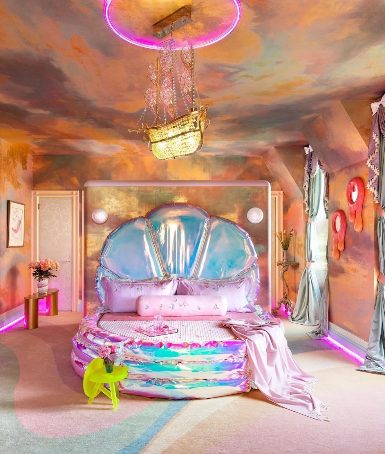 Y2K Bedroom Ideas for Teenage Girls: Iridescent floating bed with pink and purple lights.