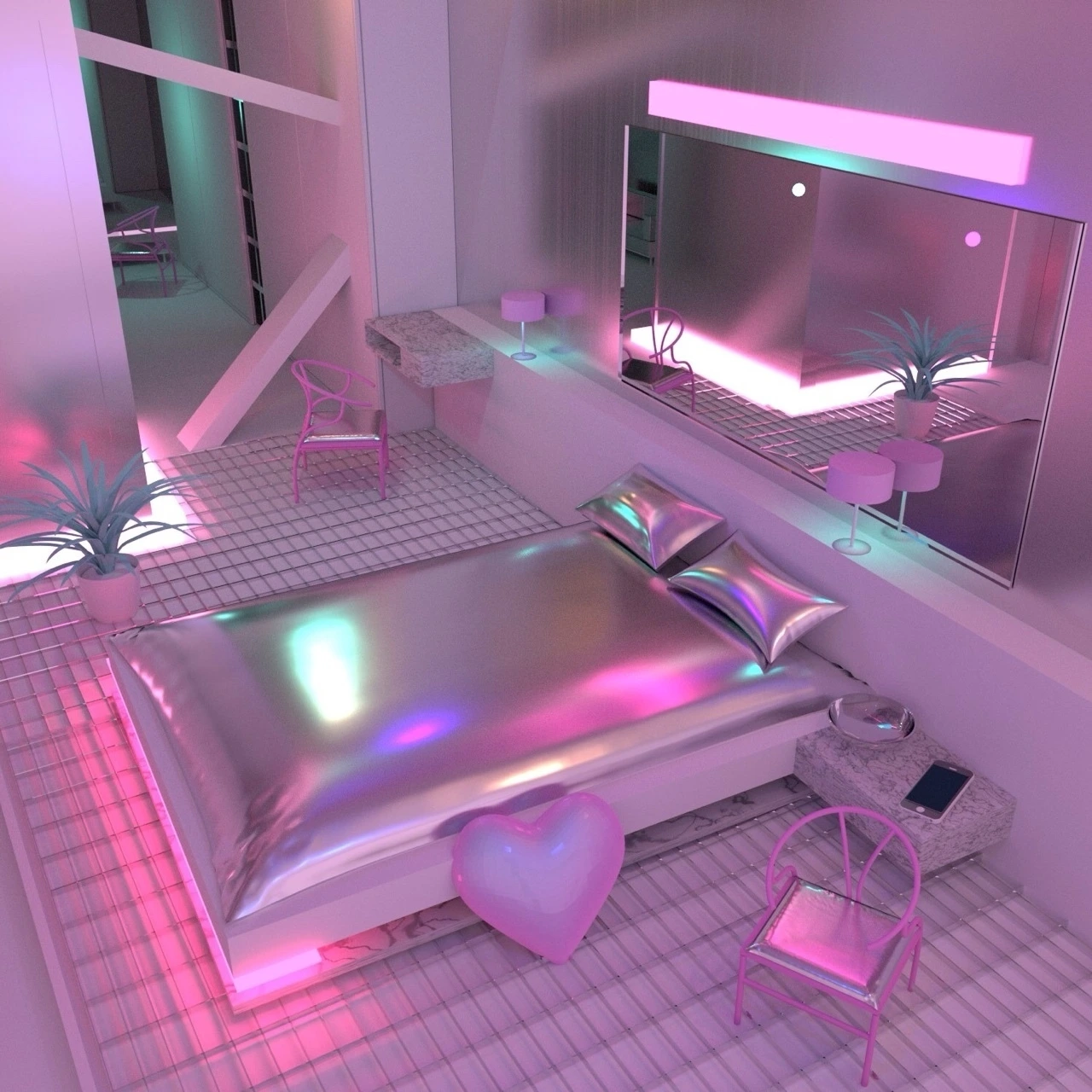 Y2K Bedroom Ideas for Teenage Girls: Mermaid shell bed with neon lights and chandelier.