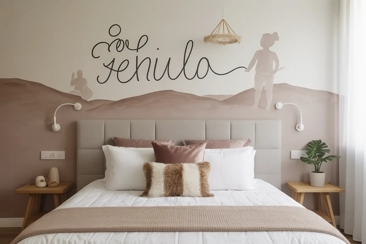 DIY wall art above the bed in a small bedroom for personalization.