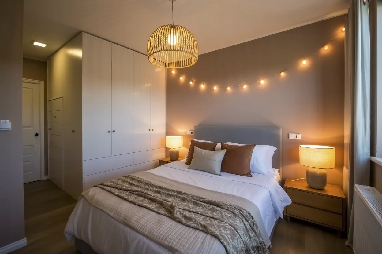 Cozy bedroom with layered lighting for a warm ambiance.