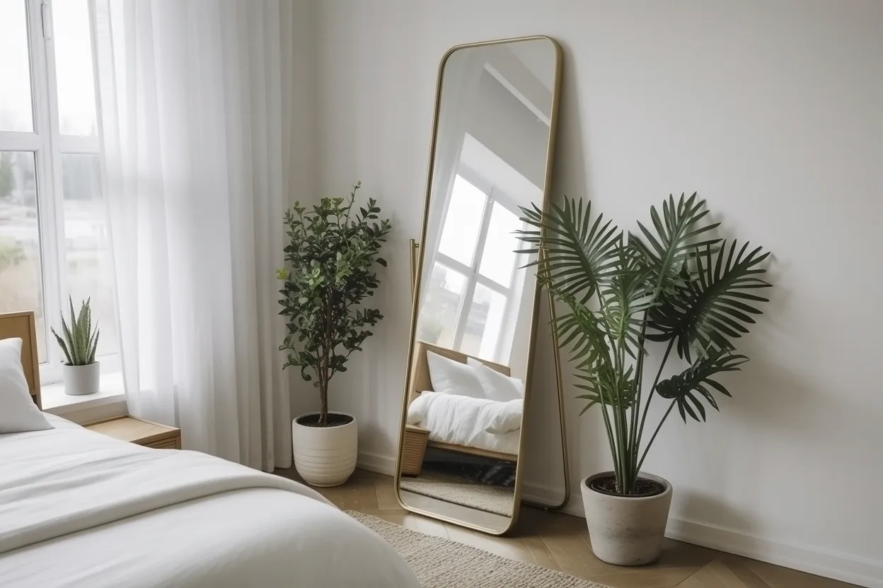 Mirror wall decor reflecting light to expand a small bedroom.