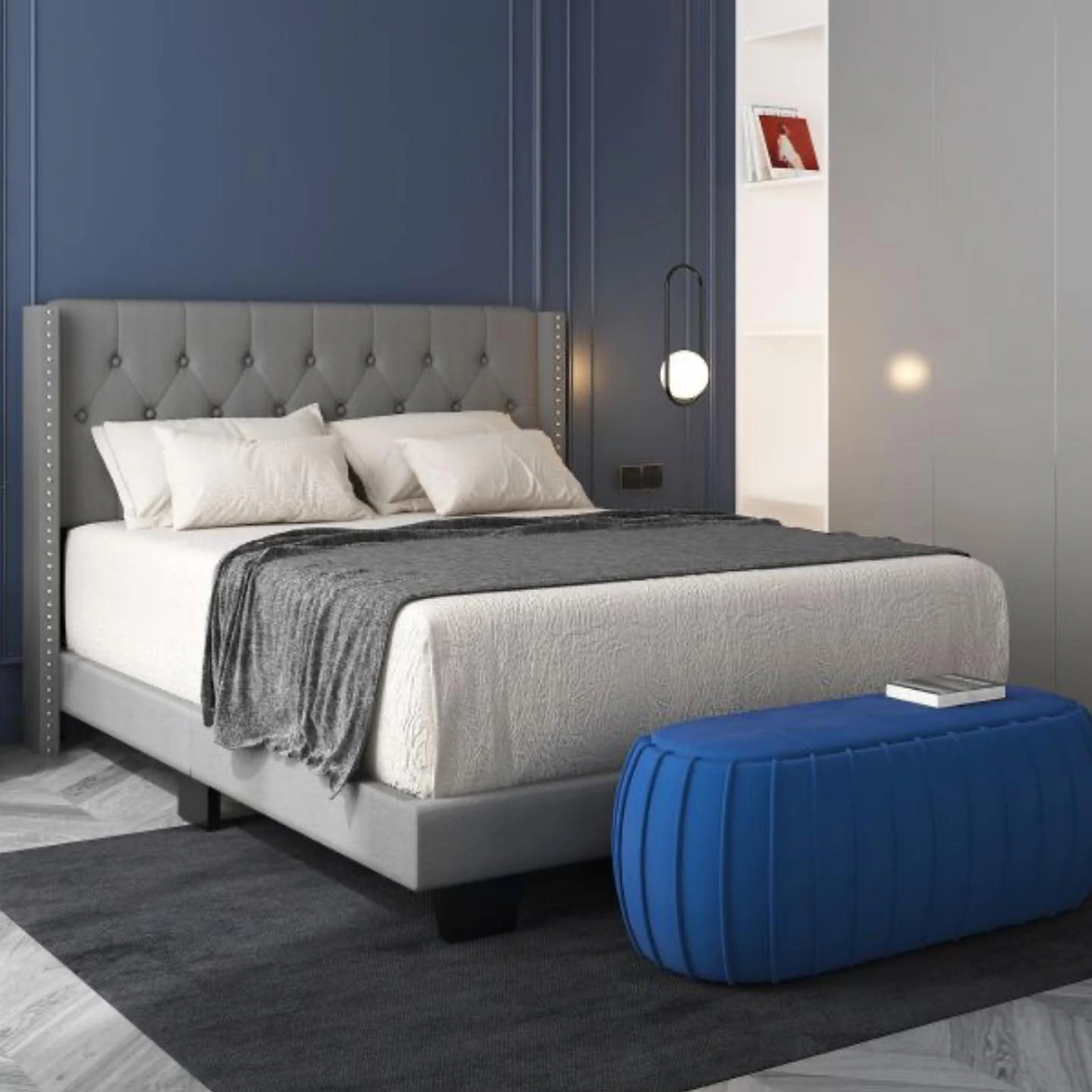 Modern Bedroom Ideas Contemporary - grand, dark blue, gold accents.