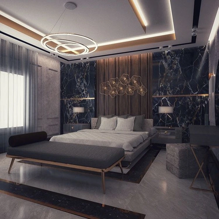 Modern Bedroom Ideas Contemporary - dark marble, gold accents.