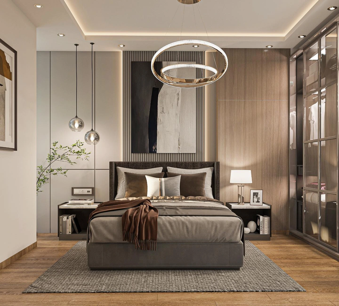 Modern Bedroom Ideas Contemporary - warm wood, abstract art.