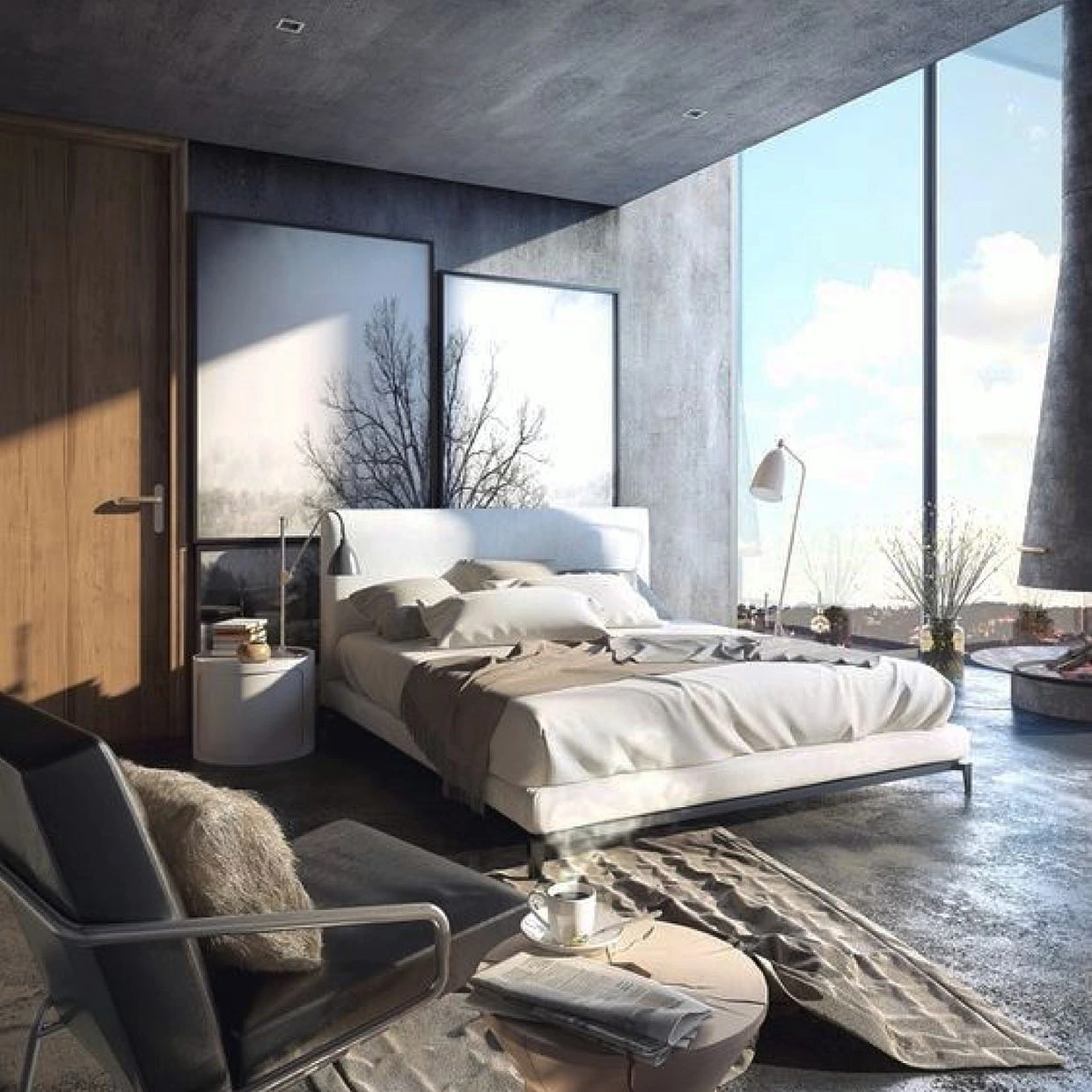 Modern Bedroom Ideas Contemporary - industrial, concrete, large window.