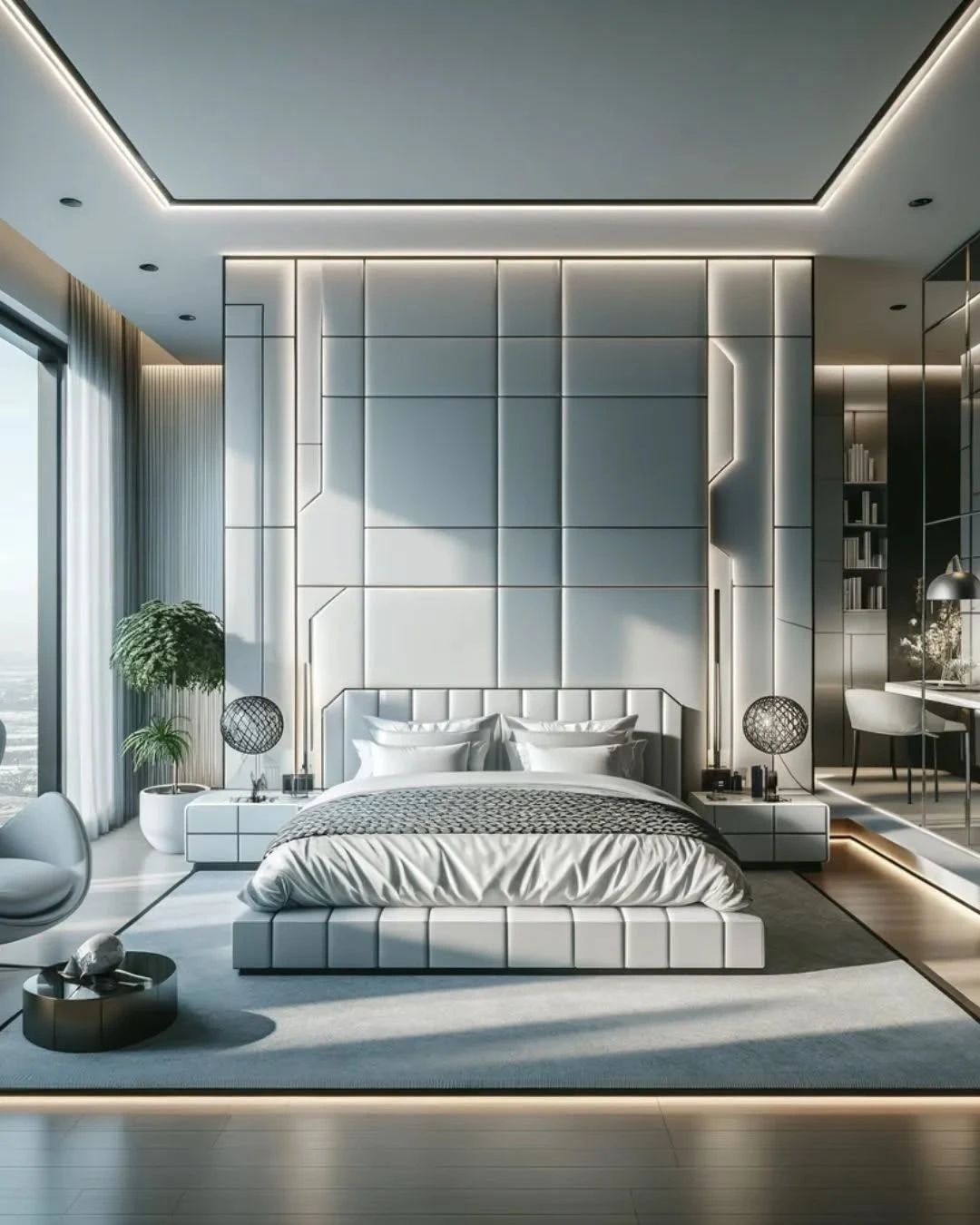Modern Bedroom Ideas Contemporary - white, geometric wall, lighting.