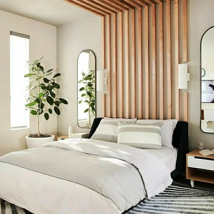Modern Bedroom Ideas Contemporary - natural wood slats, mirrors.
