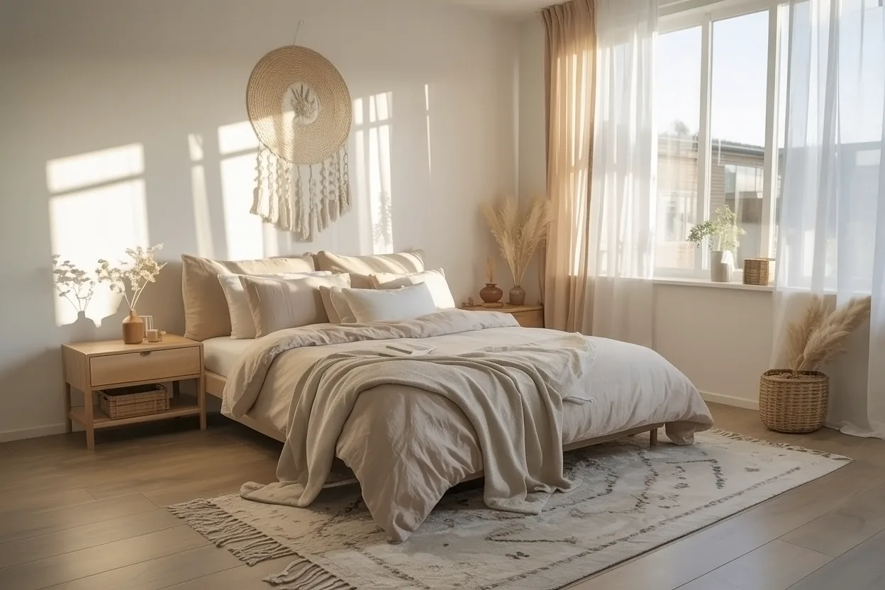 Soft neutral bedroom with natural light and minimalist decor.