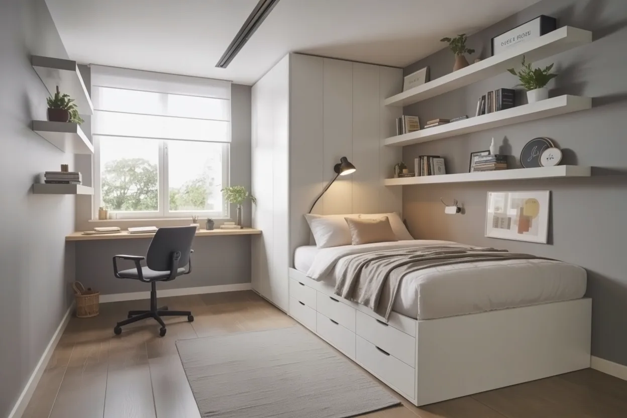 Storage bed in a compact bedroom with floating shelves.