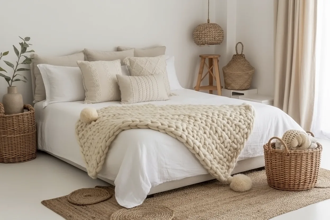 Textured boho bedroom with cozy throws and woven accents.