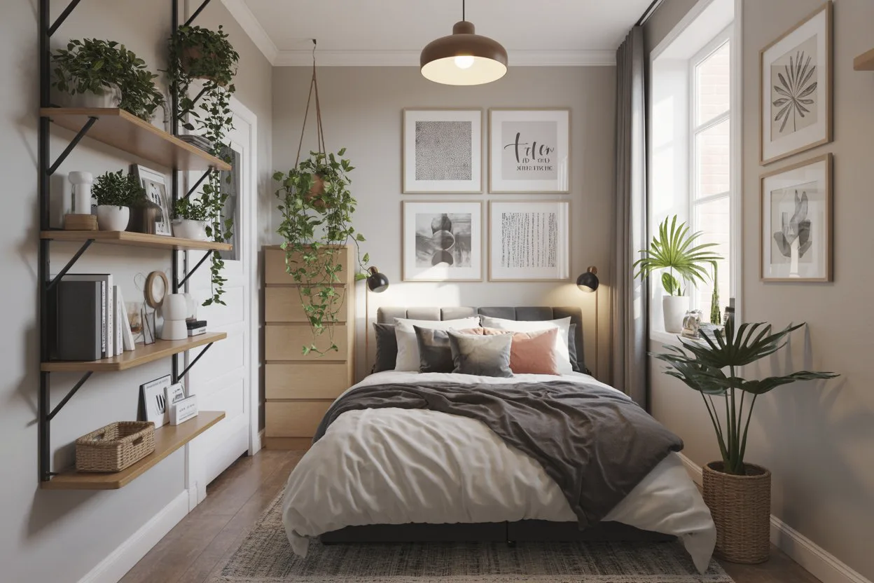 Vertical storage solutions in a small bedroom with hanging plants.