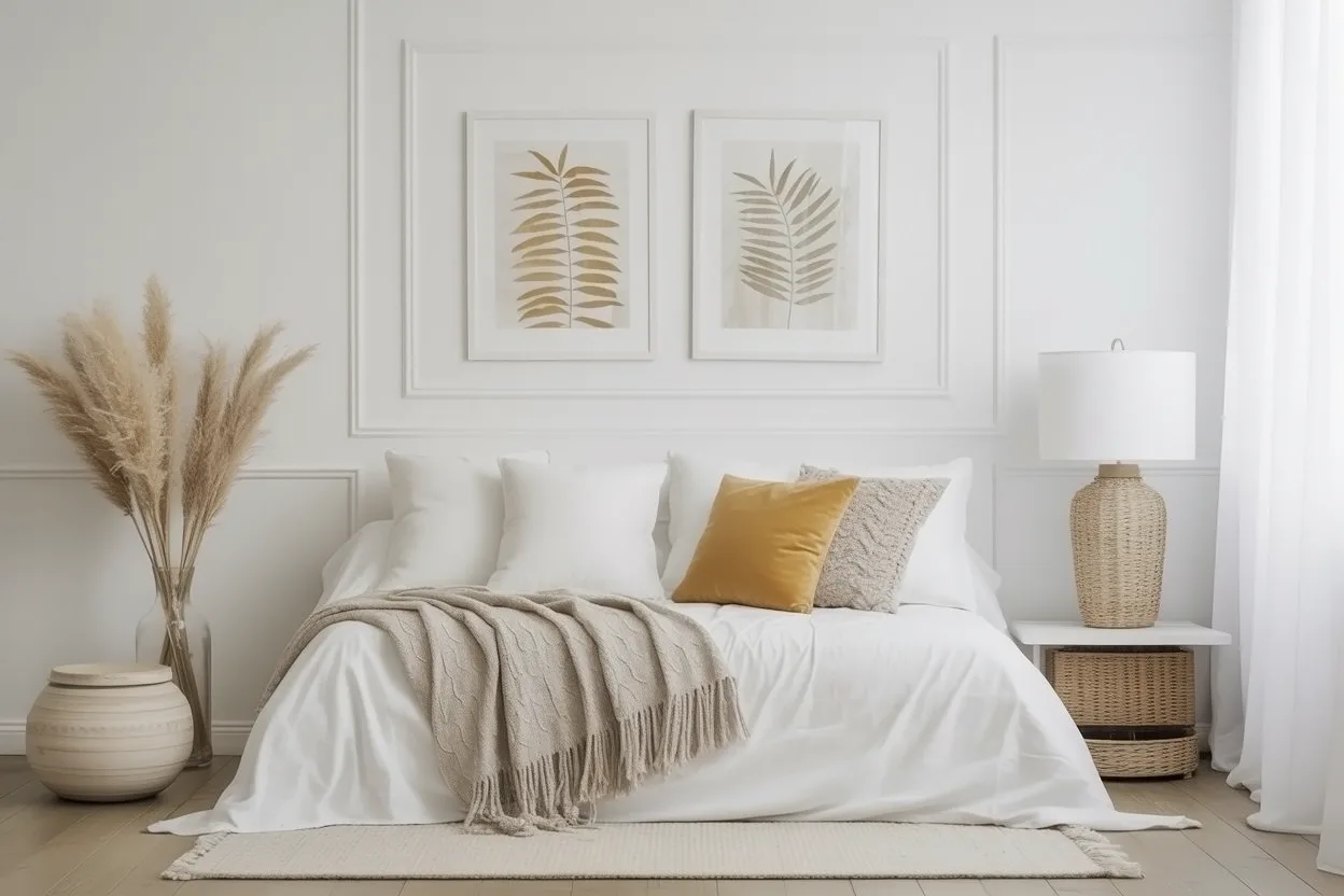 White bedroom with a pop of color for a vibrant look.