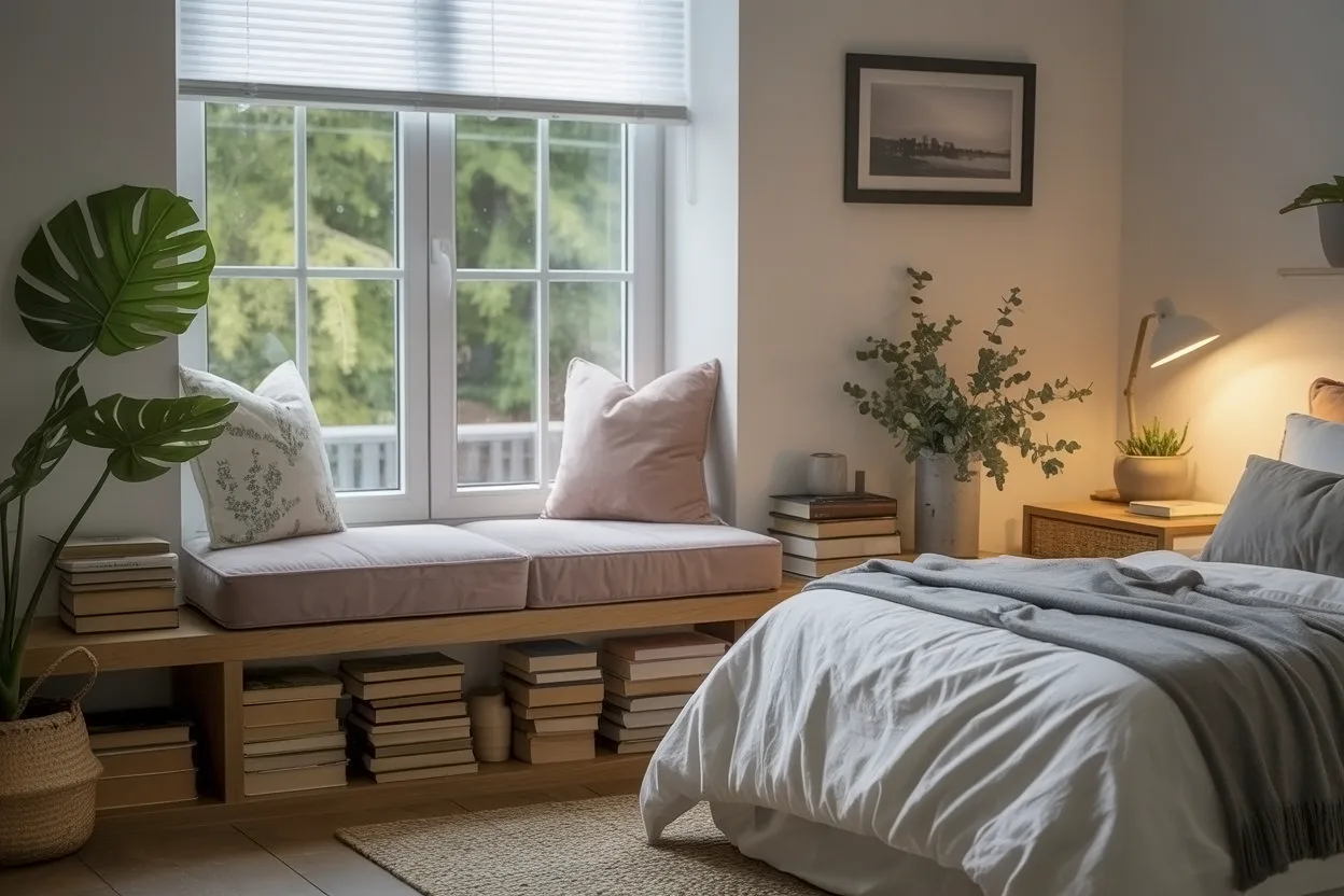 Cozy reading nook in a small bedroom corner with soft seating.
