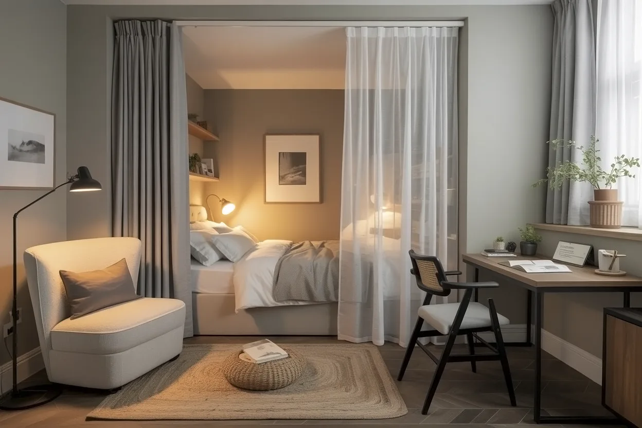 Zoned small bedroom layout creating separate spaces.