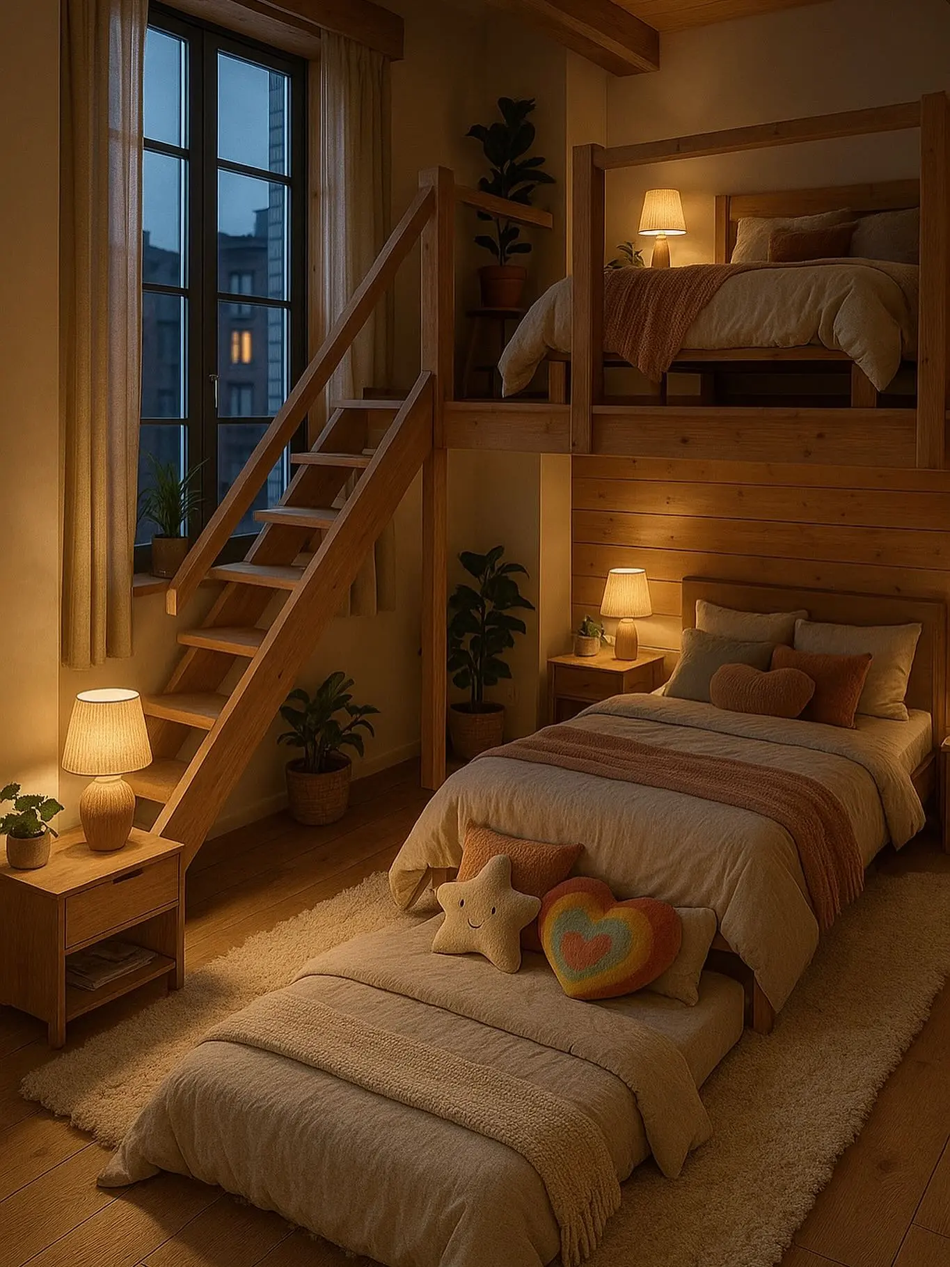 Lofted bed with cozy lighting