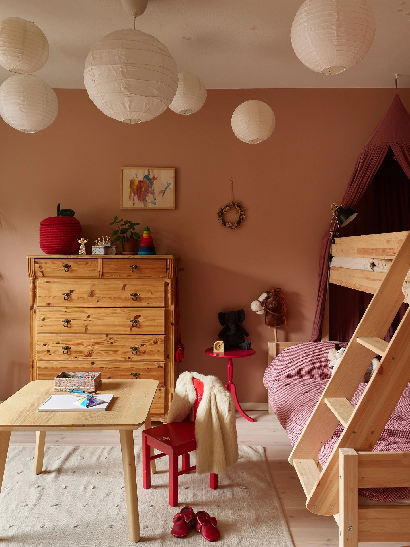 Bedroom with white paper lanterns