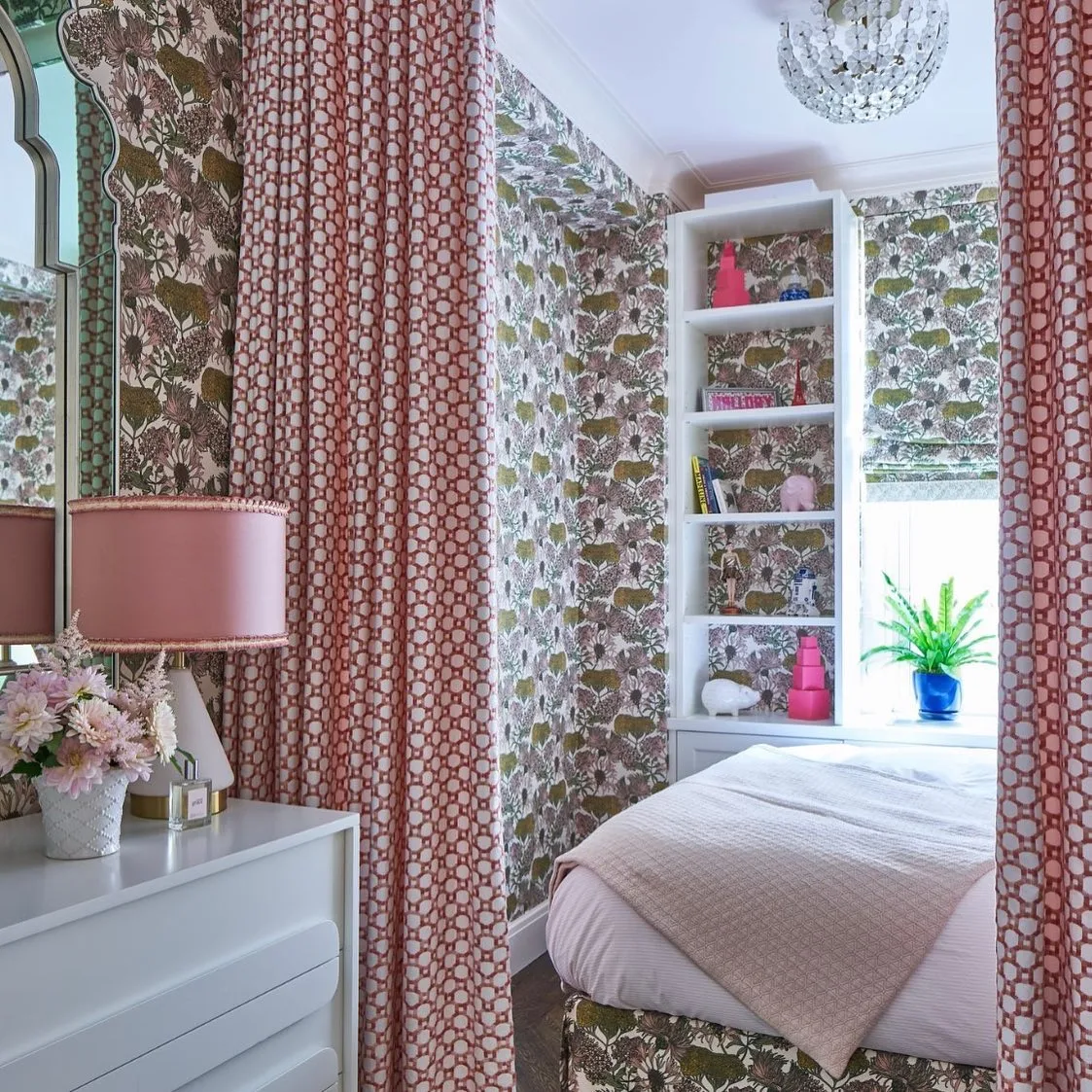 Bedroom with white paper lanterns