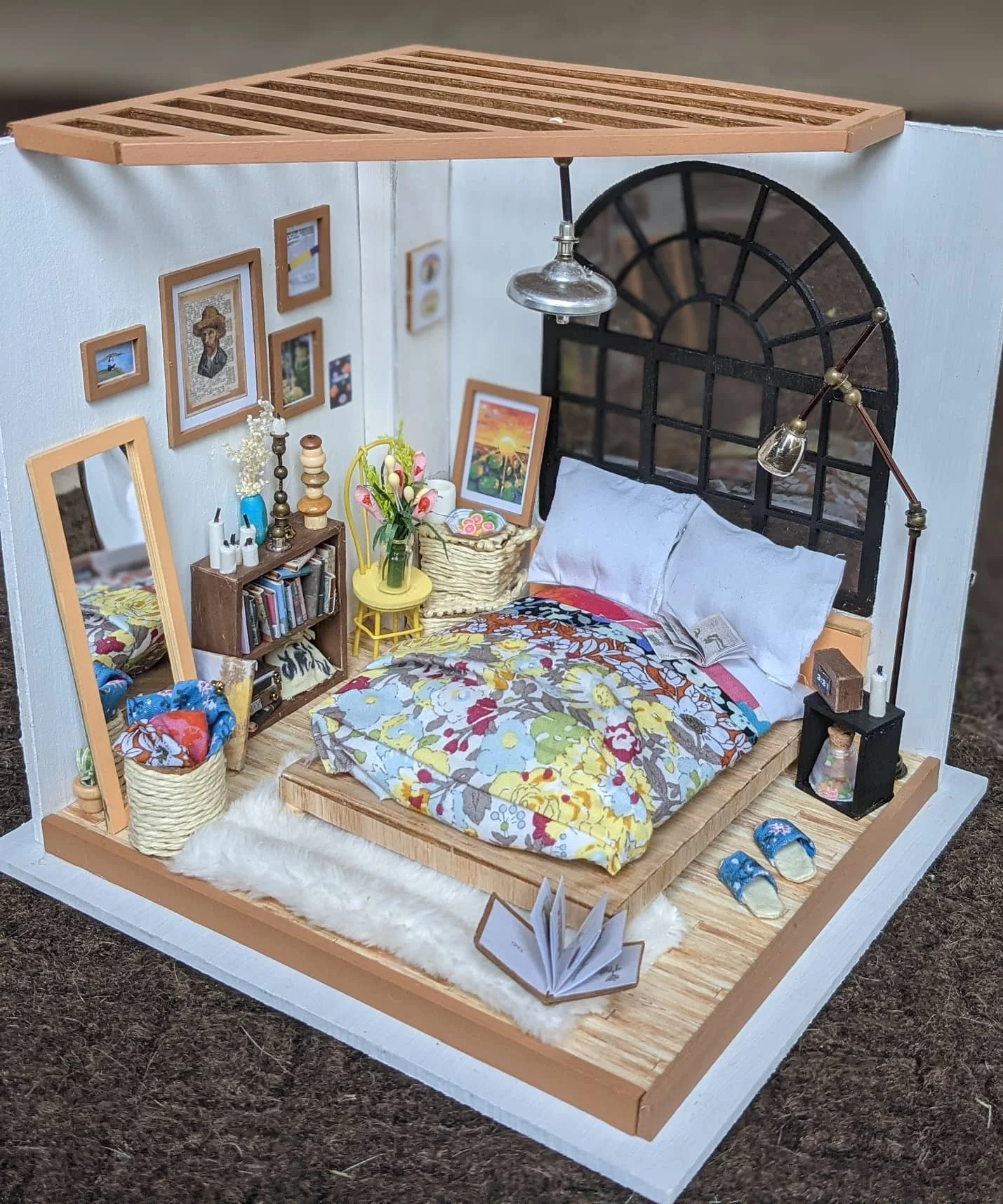 Low-profile bed with gallery wall