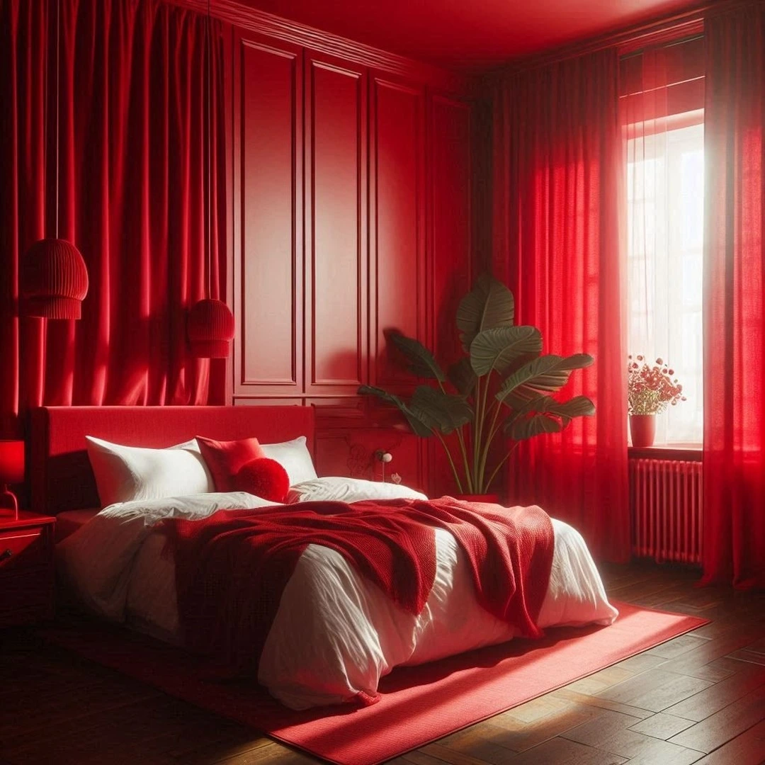Modern monochromatic red bedroom.