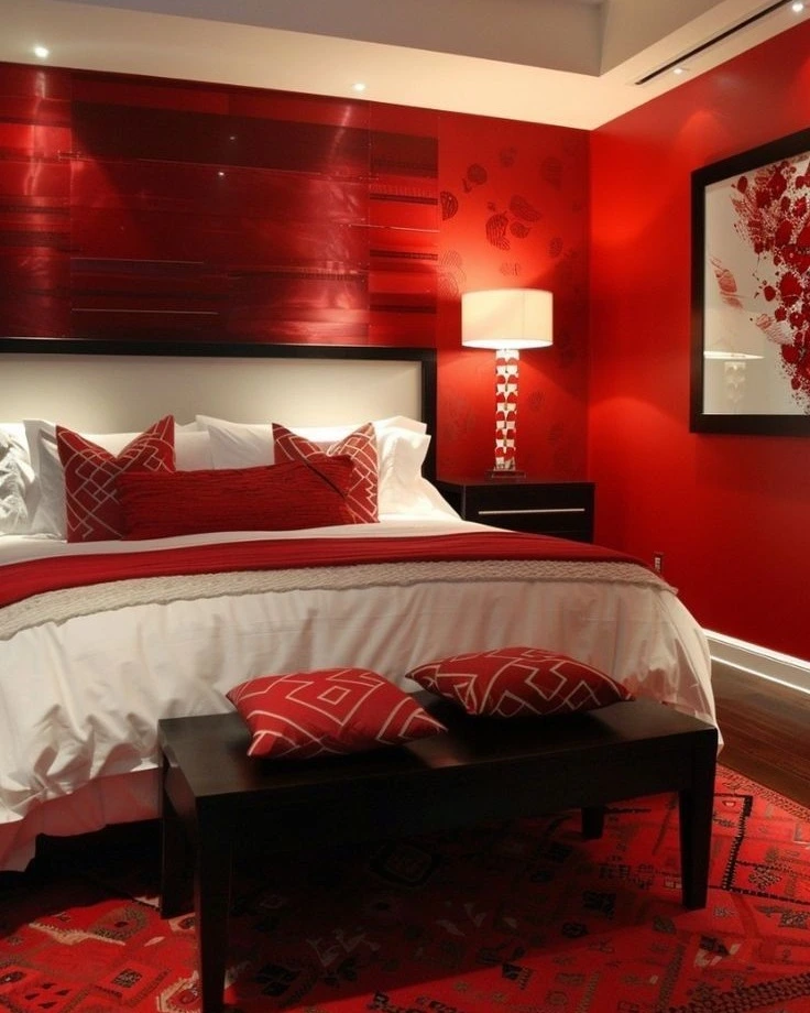 Modern red bedroom with geometric patterns.