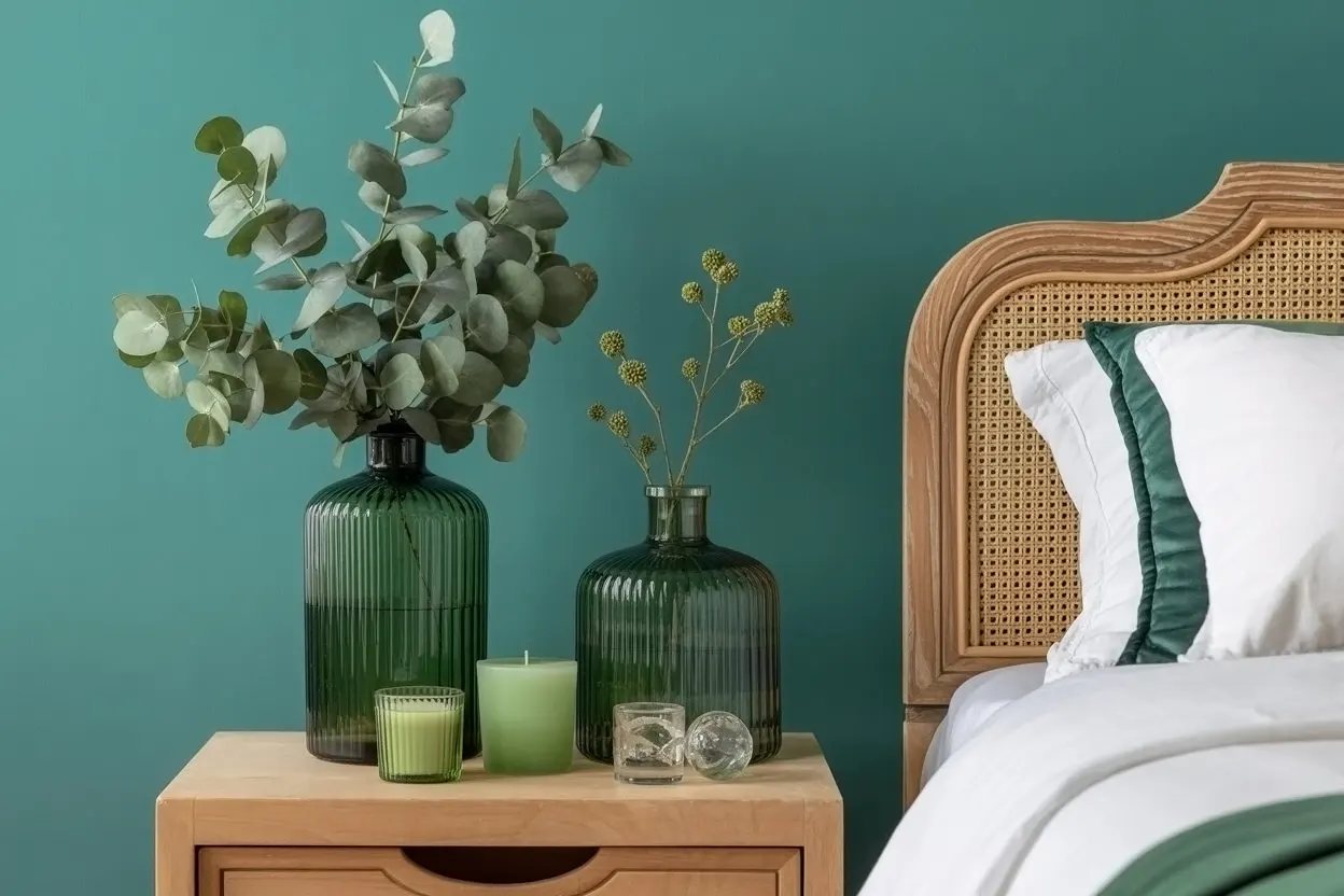 Green glass vases and decorative items on a nightstand.