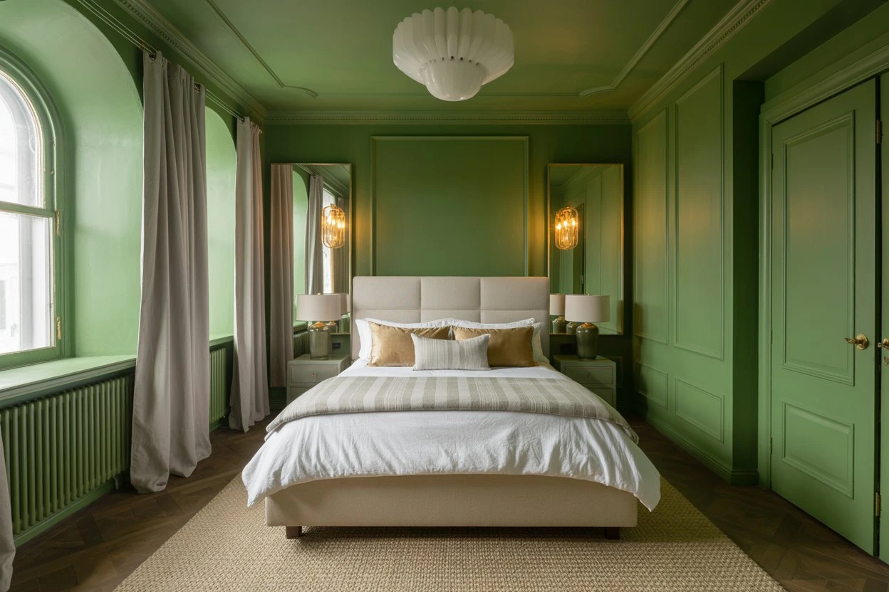 Bedroom with all-green walls and ceiling.
