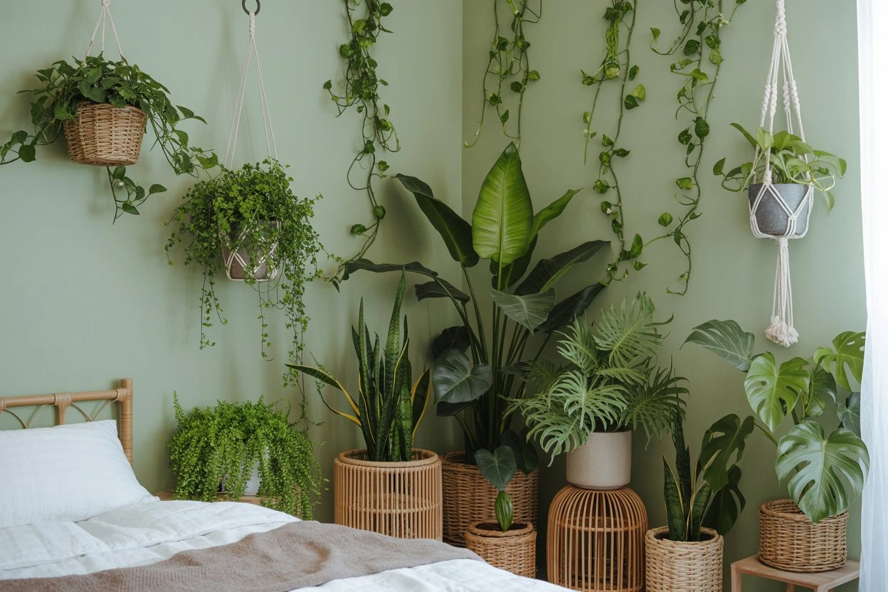 Bedroom filled with various green plants and foliage.