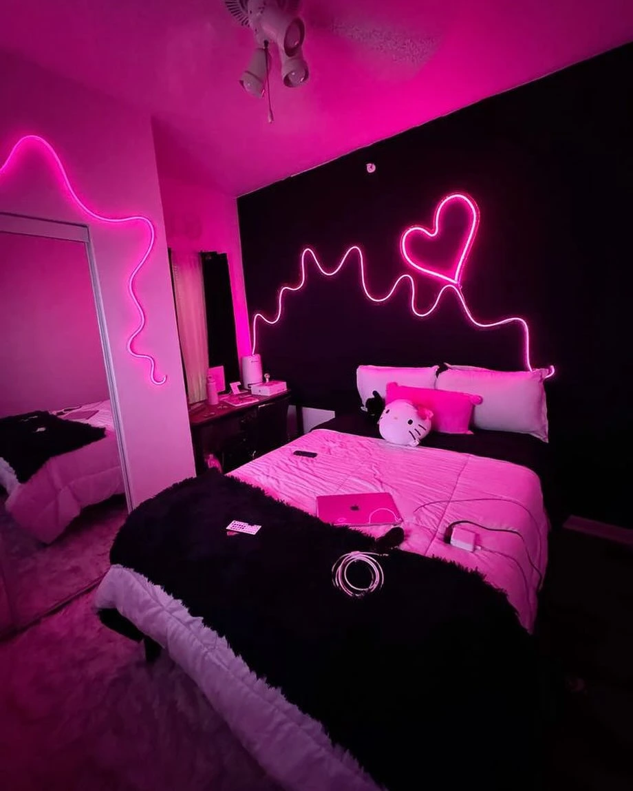 Neon-lit room with pink LED lights