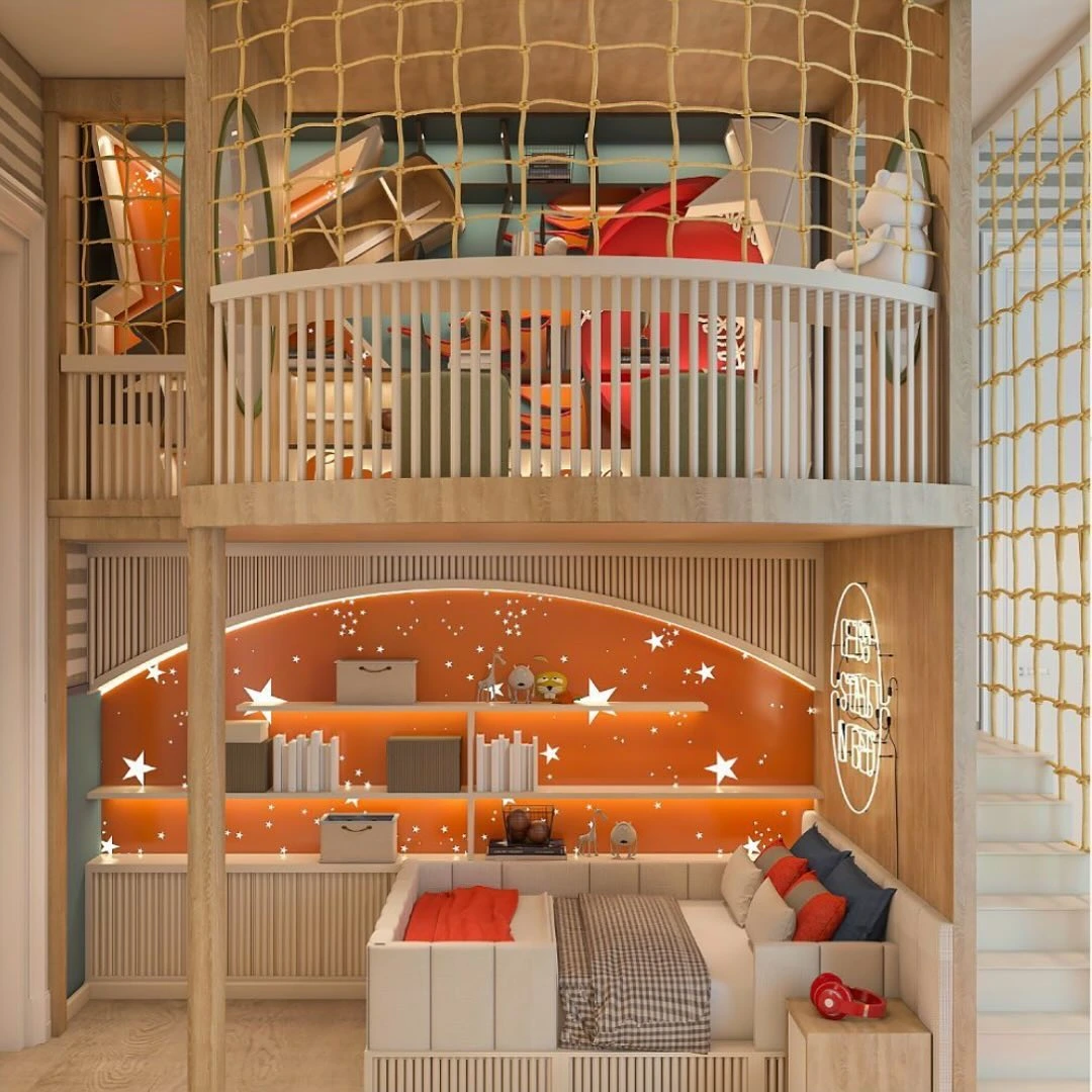 Loft bed with built-in storage and a starry theme